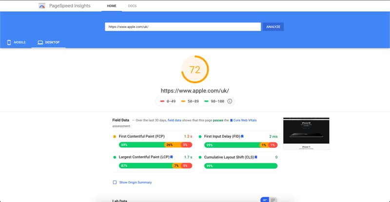 Google's PageSpeed Insights results page.