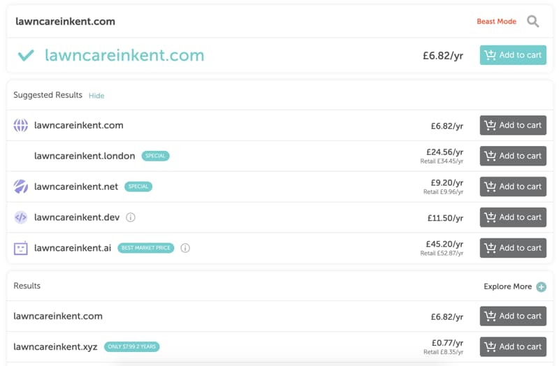 Domain name add to cart.