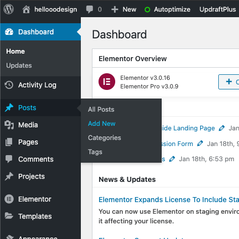 WordPress website dashboard.